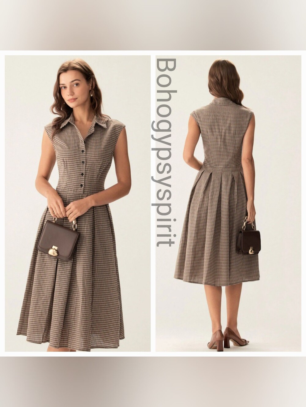 NWT Rihoas Brown Plaid Button Pleated Midi Dress